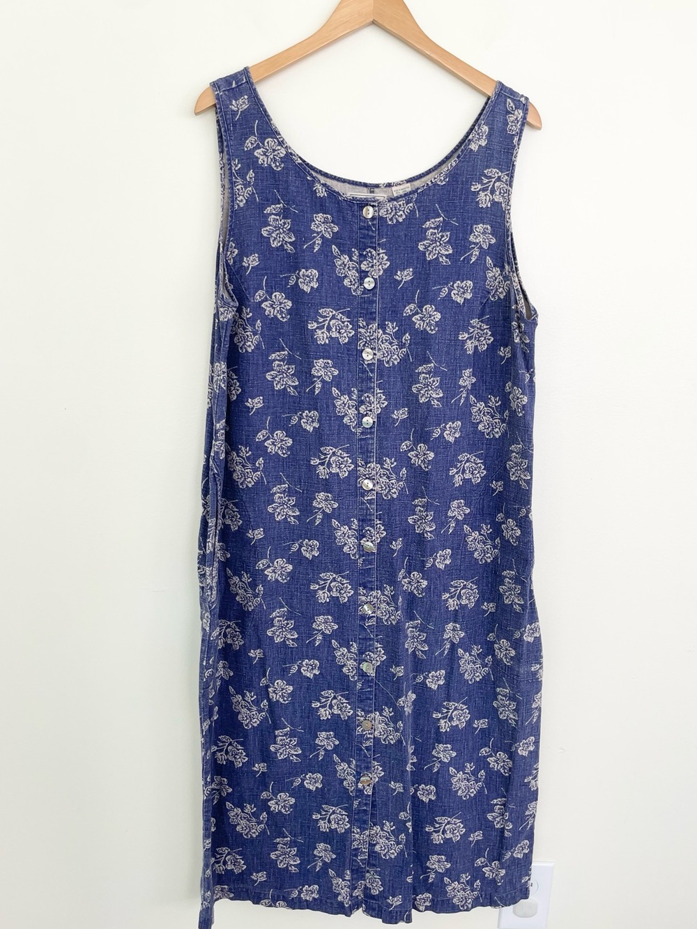 LL Bean Vintage Linen Blend Floral Front Button Sleeveless Dress LP Large Petite